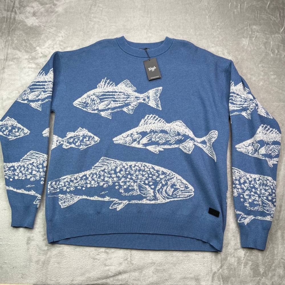 Waggle Freshwater Wildknit Sweater Mens‎ XL Blue Fish Pattern Knit Crewneck Top